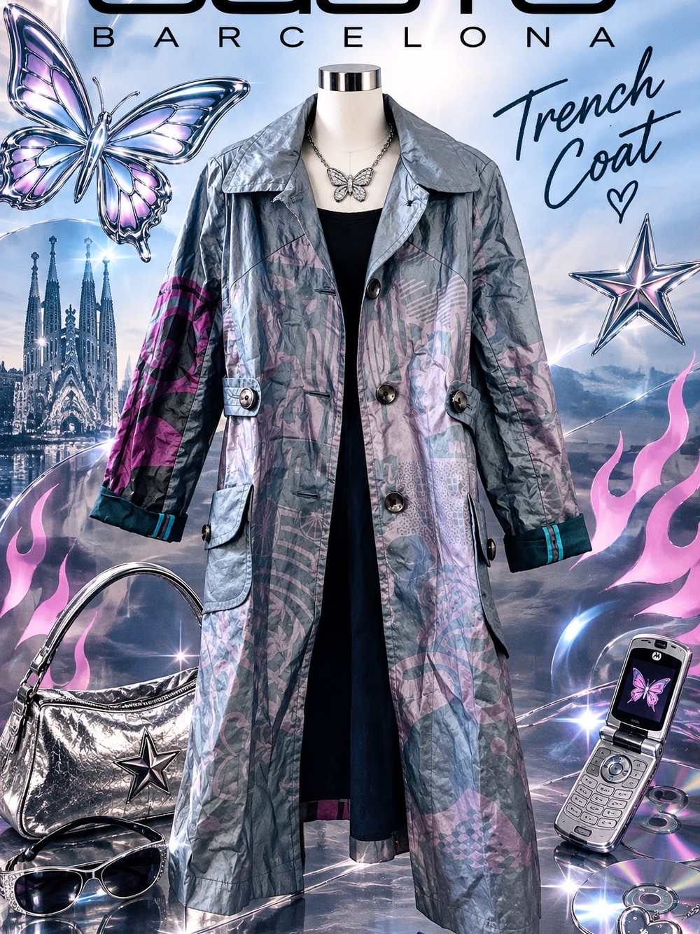 Desigual Barcelona Metallic Gray & Purple Trench Coat